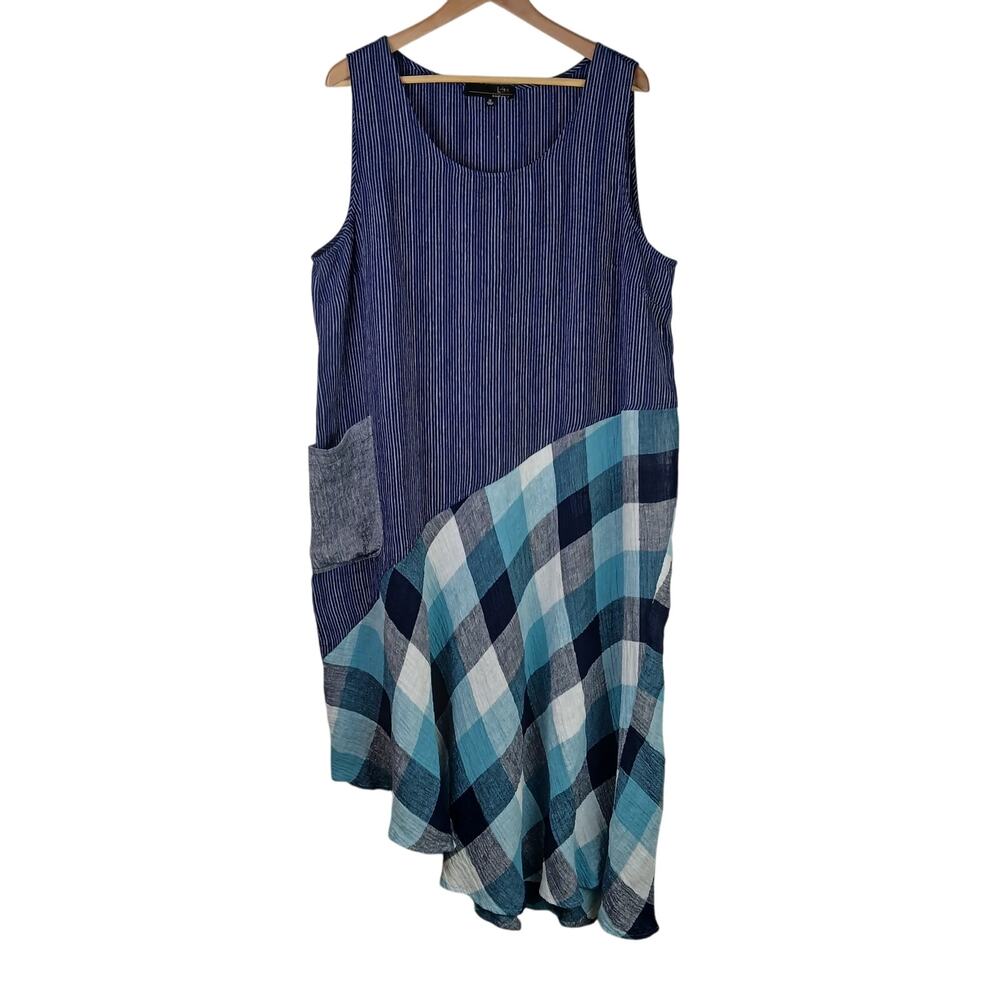 LIV By Habitat Women's SZ XL 100% Linen Ying Yang Dress Navy & Green Buffalo - Picture 2 of 4